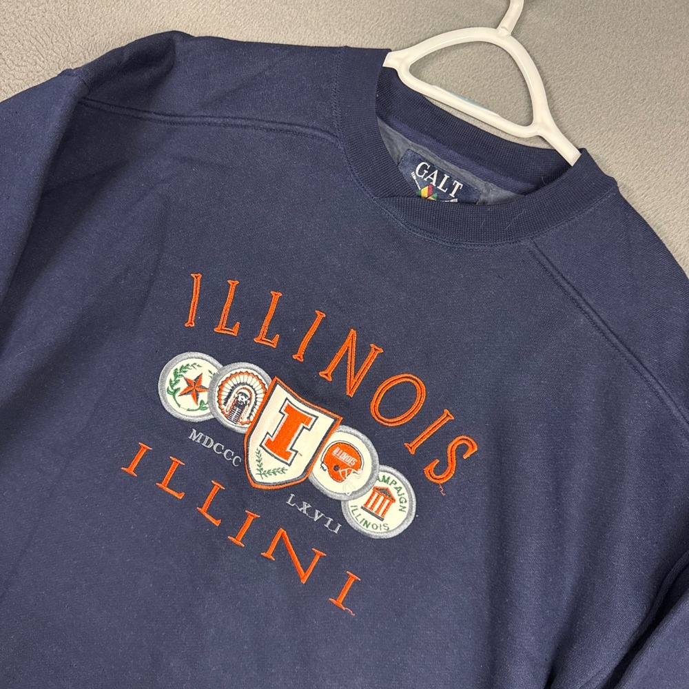 Galt Crew Sweatshirt Mens Large Navy Illinois Illini Embroidered Silk Blend NCAA